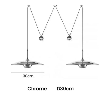 Chrome finished decorbites led pendant light with disc-shaped shade and adjustable m-shaped chain for bedroom and dining room