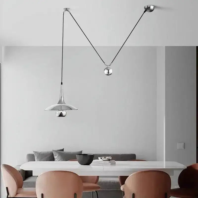 Modern silver conical pendant light with black cable suspension in DecorBites led pendant lighting for bedroom and dining room