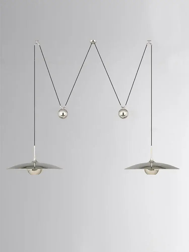 Silver metallic DecorBites LED pendant with sleek curved cords and circular shades for bedroom and dining room lighting
