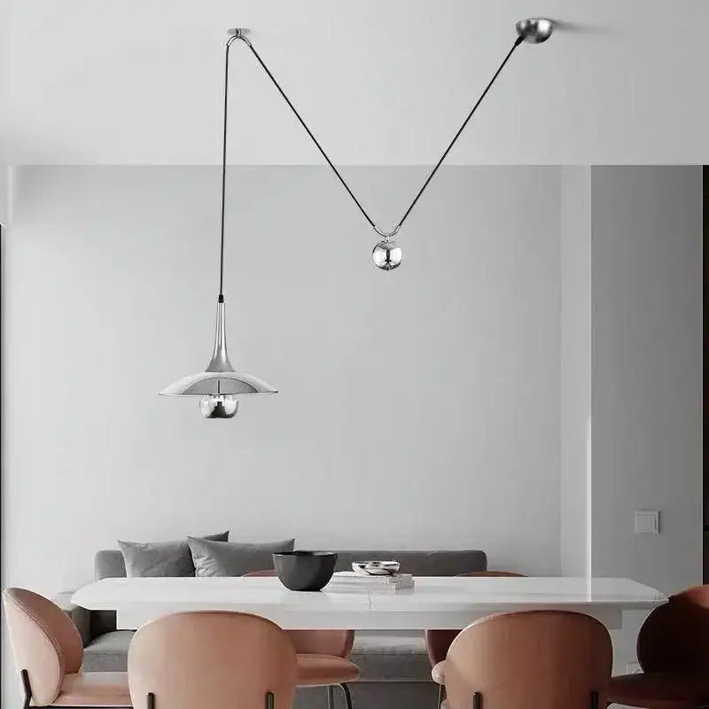 Modern silver decorbites led pendant lighting lamp with sleek curved design and black cable suspension for bedroom use