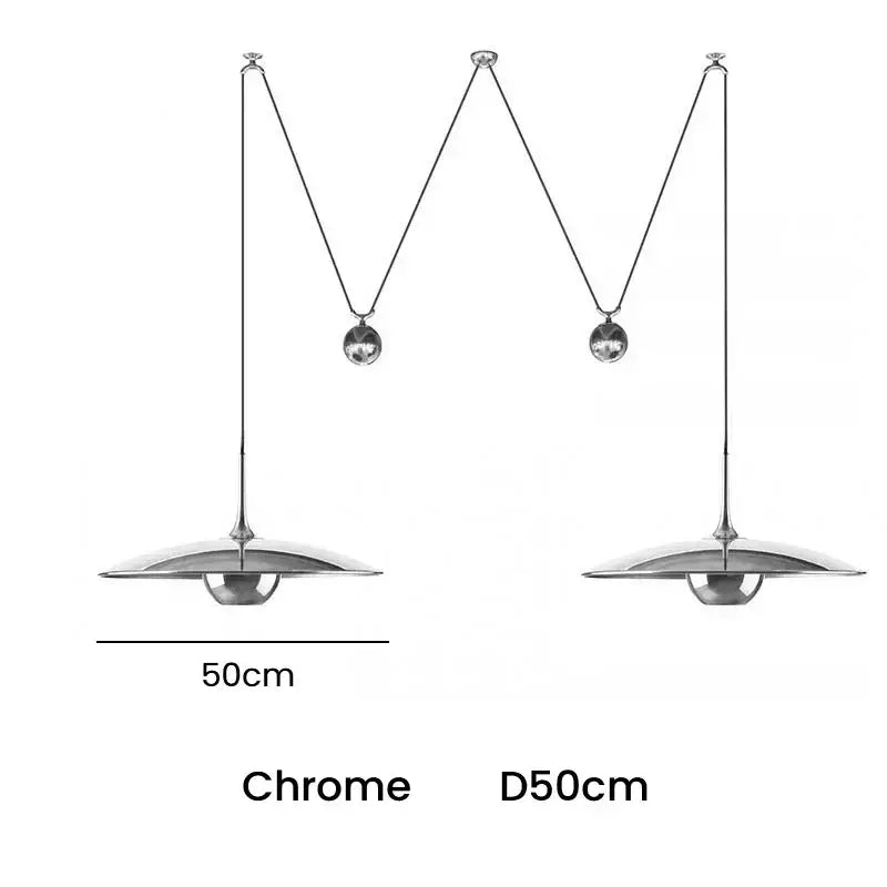 Chrome-finished DecorBites LED pendant lighting lamp with an elongated arm and disc-shaped shade for modern interiors