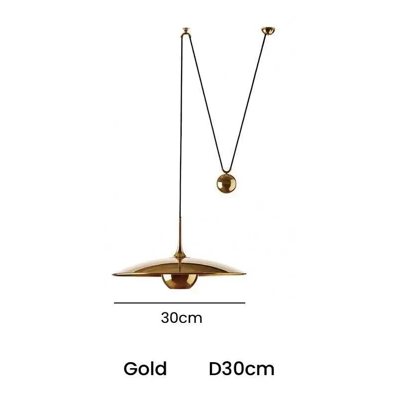 Gold-colored DecorBites LED pendant lighting lamp with sleek disc shade and minimalist design for bedroom and dining room