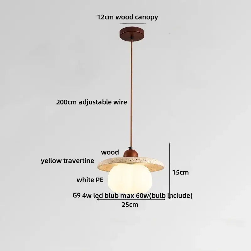 Decorbites led pendant lights featuring a wooden canopy, adjustable wire, frosted glass ball, and travertine accent ring