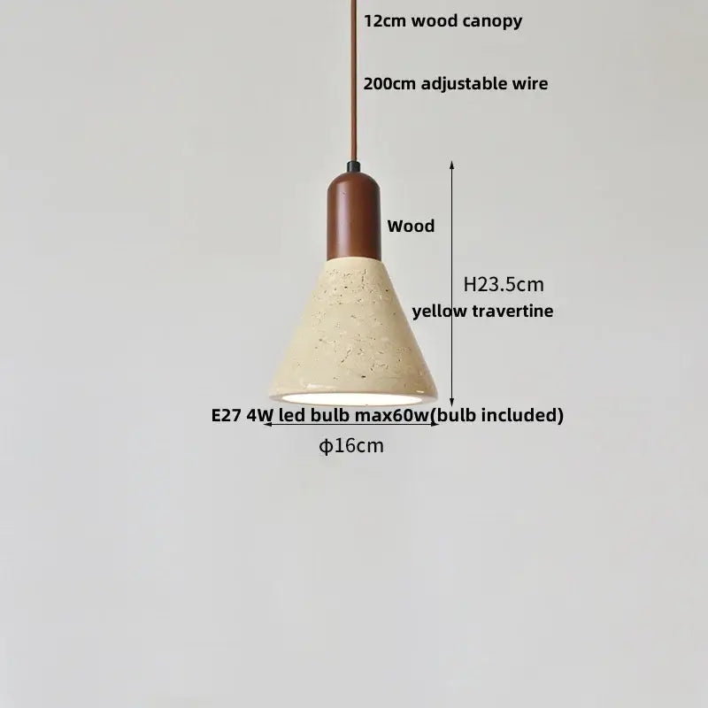 Conical pendant light with warm brown wooden canopy and yellow travertine shade by decorbites led pendant lights