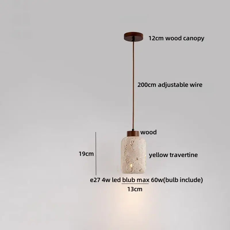 A warm-toned yellow travertine pendant light with rustic wood canopy and adjustable wire by DecorBites LED pendant lights