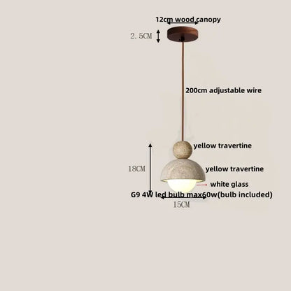 Modern decorbites led pendant lights with 12cm wood canopy, adjustable wire, yellow travertine shade, and white glass