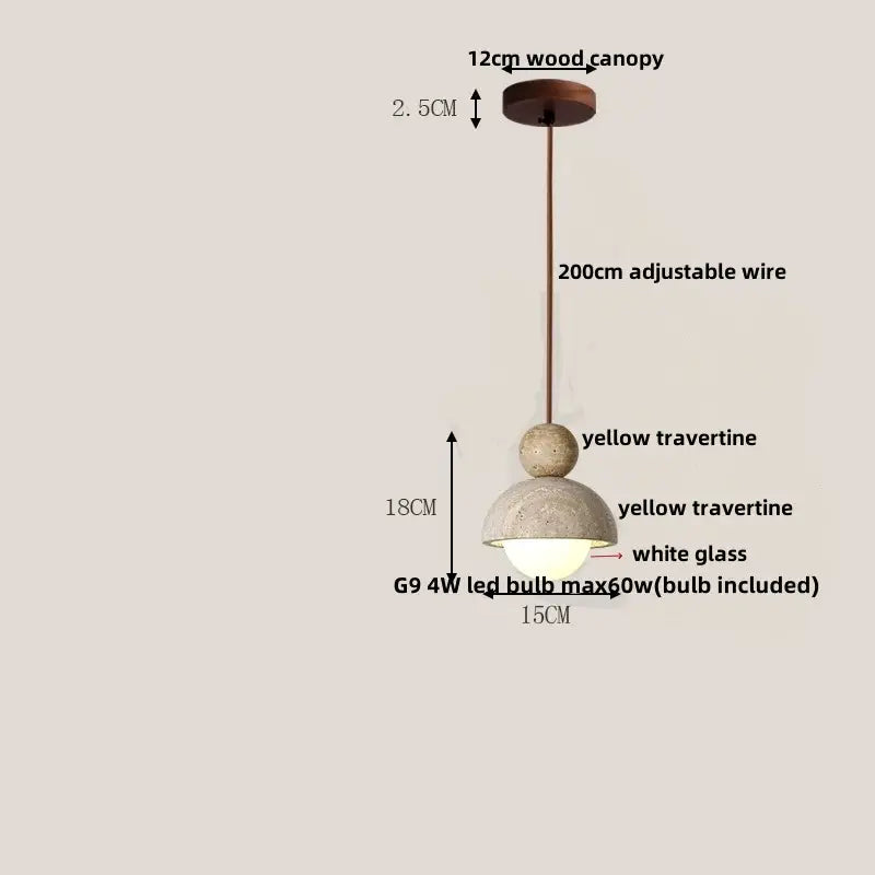 Modern decorbites led pendant lights with 12cm wood canopy, adjustable wire, yellow travertine shade, and white glass