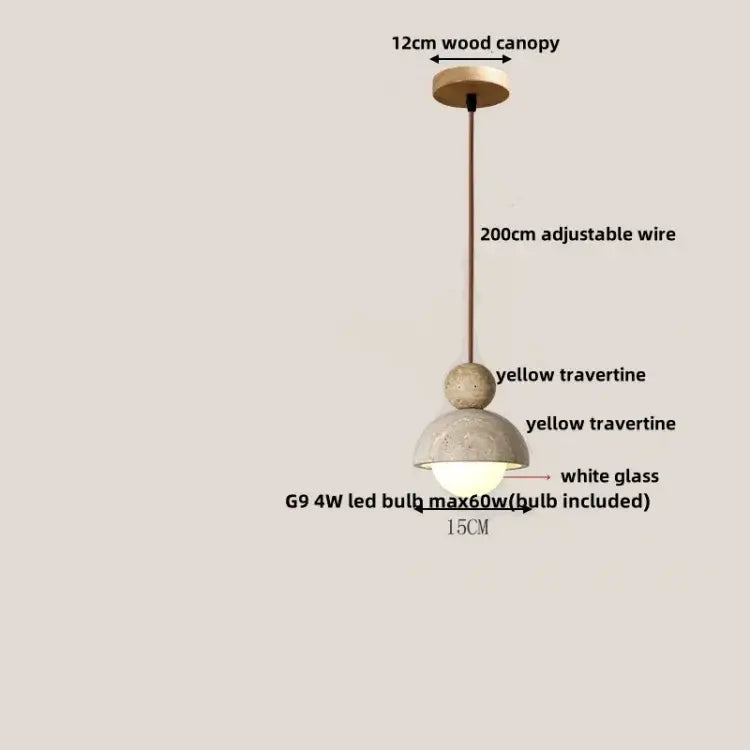 A decorbites led pendant light with 12cm wood canopy, adjustable wire, yellow travertine spheres, and white glass shade