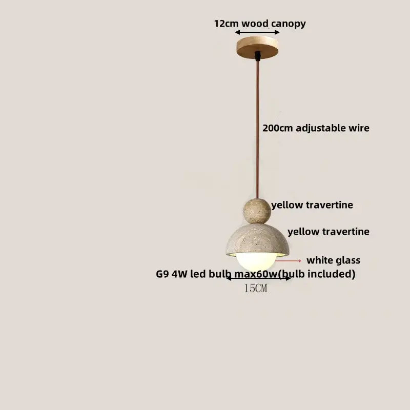 Modern decorbites led pendant light with 12cm wood canopy yellow travertine dome and adjustable wire for dining areas