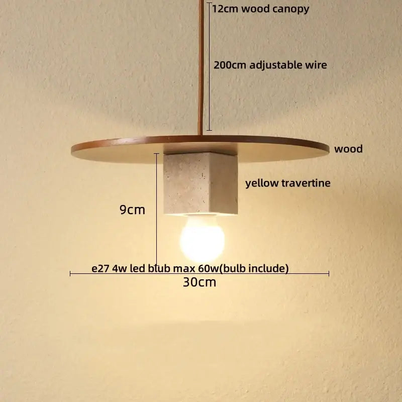 Modern decorbites led pendant lights with 12cm wood canopy and yellow travertine cube base for dining room use