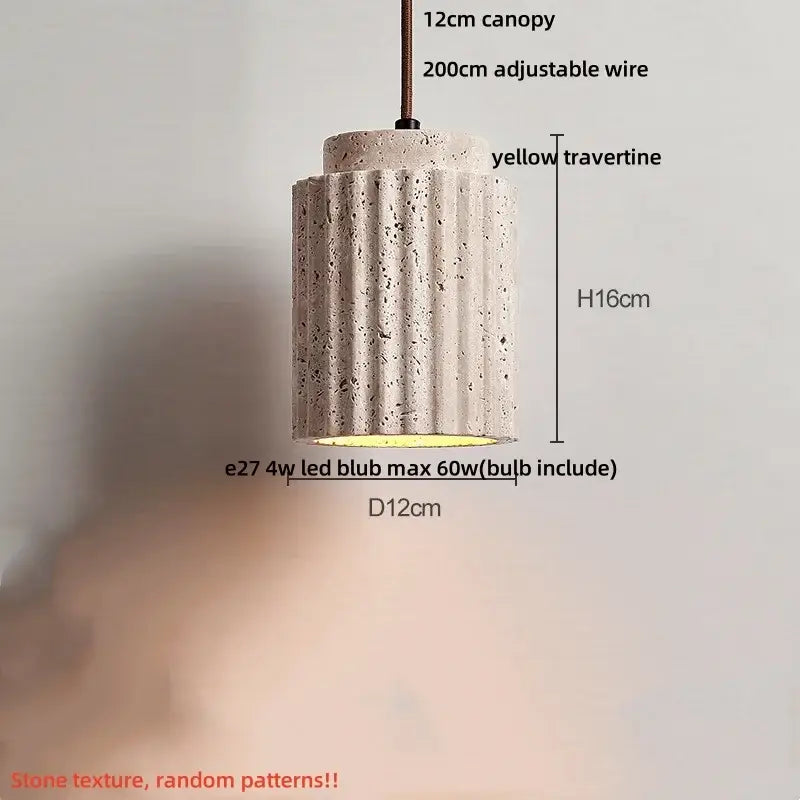 Decorbites led pendant light featuring a yellow travertine stone cylindrical body with adjustable wire suspension