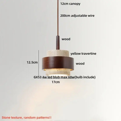 Decorbites led pendant featuring yellow travertine stone and dark wood rings with adjustable wire and 12cm canopy