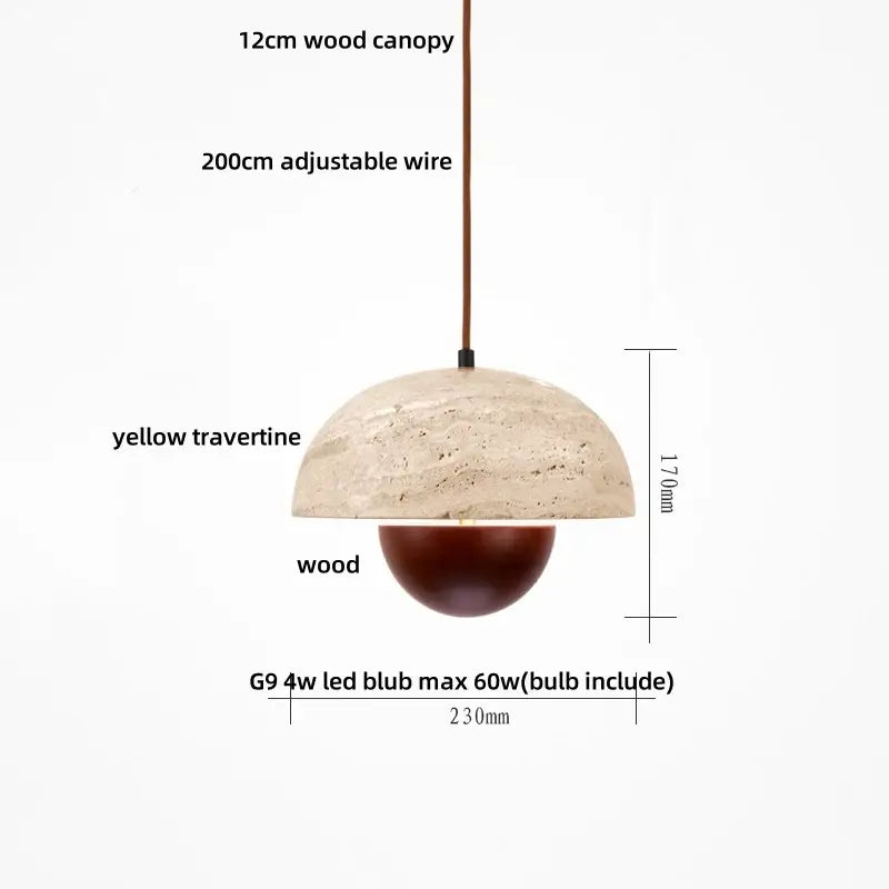 Decorbites led pendant featuring yellow travertine stone dome and dark brown wood base for pendant lights bar decor