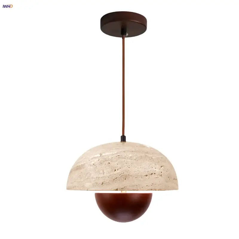 Decorbites led pendant light with off-white yellow travertine stone dome and dark brown wood base for bar decor
