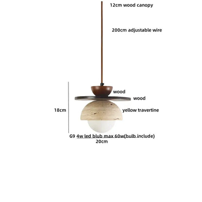 Decorbites led pendant light with yellow travertine shade wood canopy and adjustable wire for pendant lights bar decor