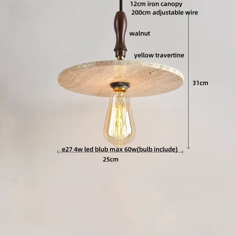 Rustic decorbites led pendant with a walnut iron canopy and yellow travertine disc holding an edison bulb