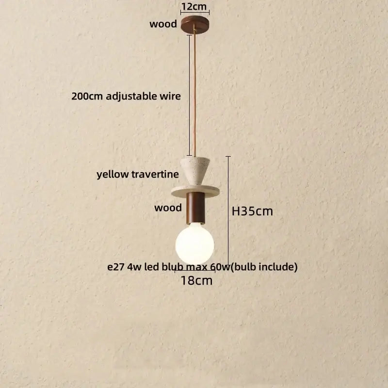 Modern decorbites led pendant with yellow travertine stone and wood accents featuring adjustable 200cm wire mount