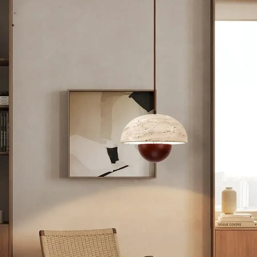Decorbites led pendant featuring a textured off-white marble dome shade and deep burgundy base for pendant lights bar decor
