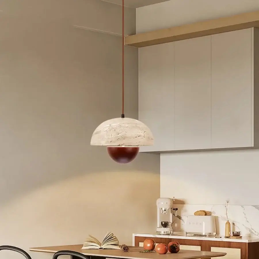 Decorbites led pendant light with white marble texture and deep red finish hanging by copper cord for bar decor