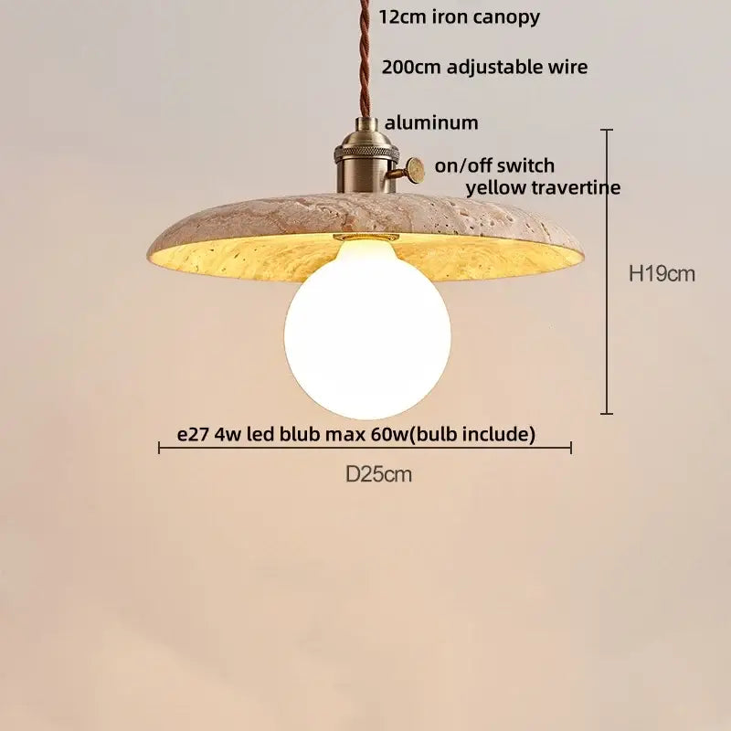 Decorbites led pendant featuring a yellow travertine stone shade with aluminum and brass accents for bar decor lighting
