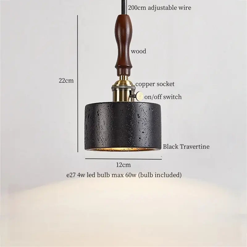 Decorbites led pendant black travertine pendant light with wooden handle and brass accents for bedroom and dining room