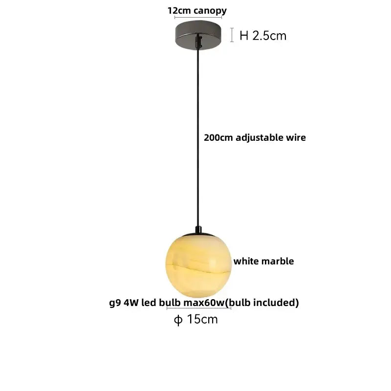 Decorbites led pendant white marble spherical bulb with adjustable black wire and steel canopy pendant lights bulgari