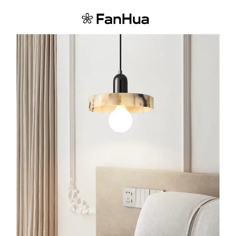 Decorbites led pendant light featuring fanhua black cylindrical stem and warm beige marble-patterned stone shade