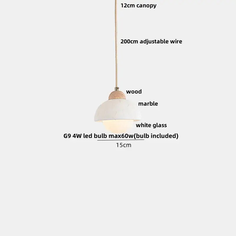 Decorbites led pendant featuring a white glass shade with wood and marble accents in an adjustable steel hang lamp design