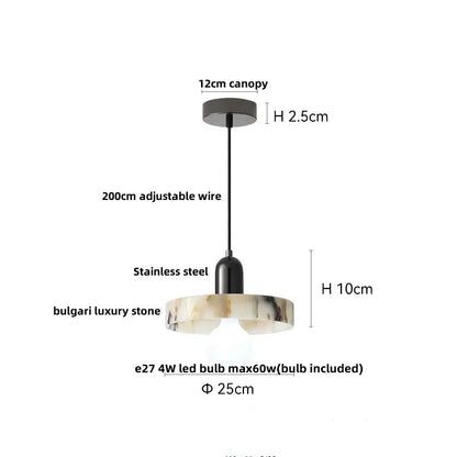 A modern decorbites led pendant featuring a black stainless steel canopy and polished bulgari stone shade with veining