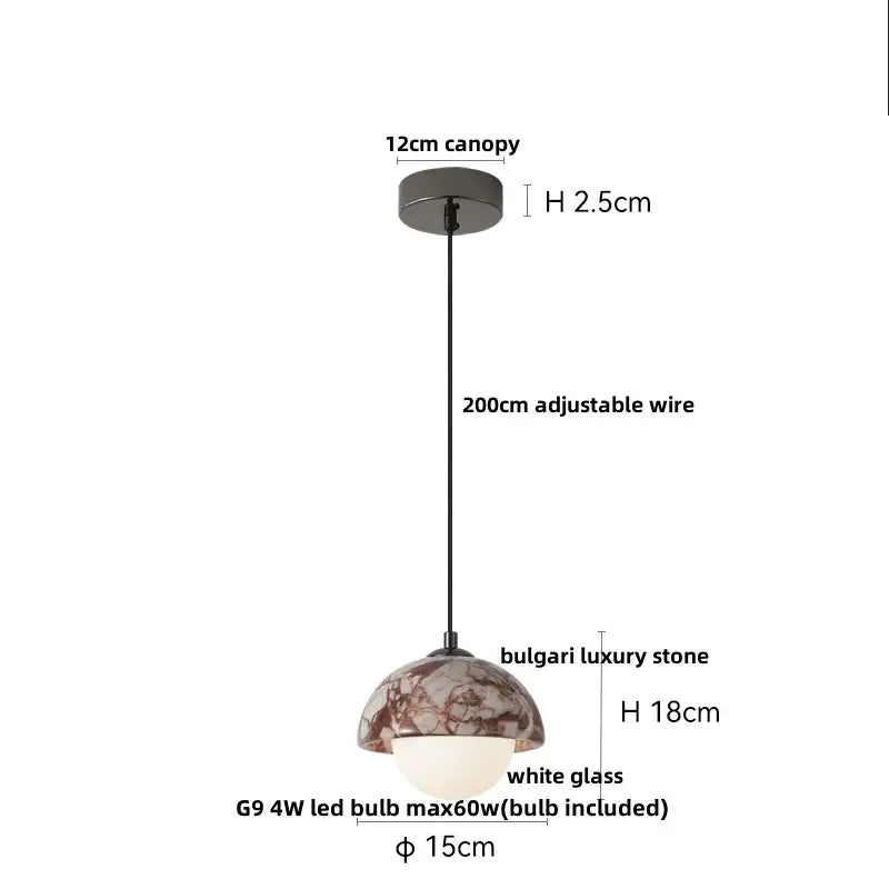 Modern decorbites led pendant light with adjustable wire, matte black canopy, and burgundy marble bulgari stone shade