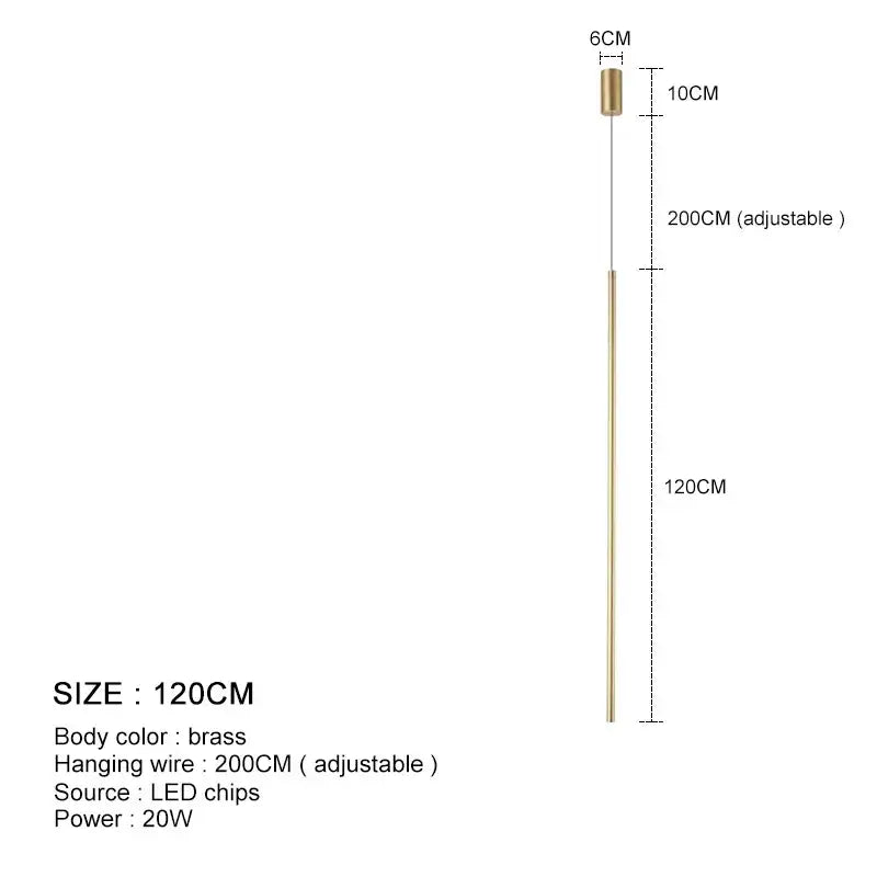 A sleek brass decorbites led pendant light with cylindrical head and adjustable hanging wire for dining room decor