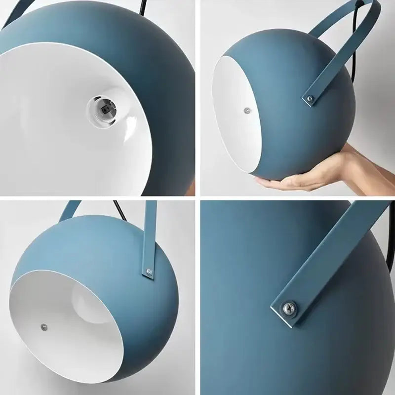 Blue spherical DecorBites™ LED pendant light with white interior and metal handle ideal for dining and home decor lighting