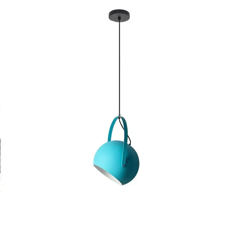 Teal spherical decorbites led pendant light with matching handle and black cord for dining and restaurant use