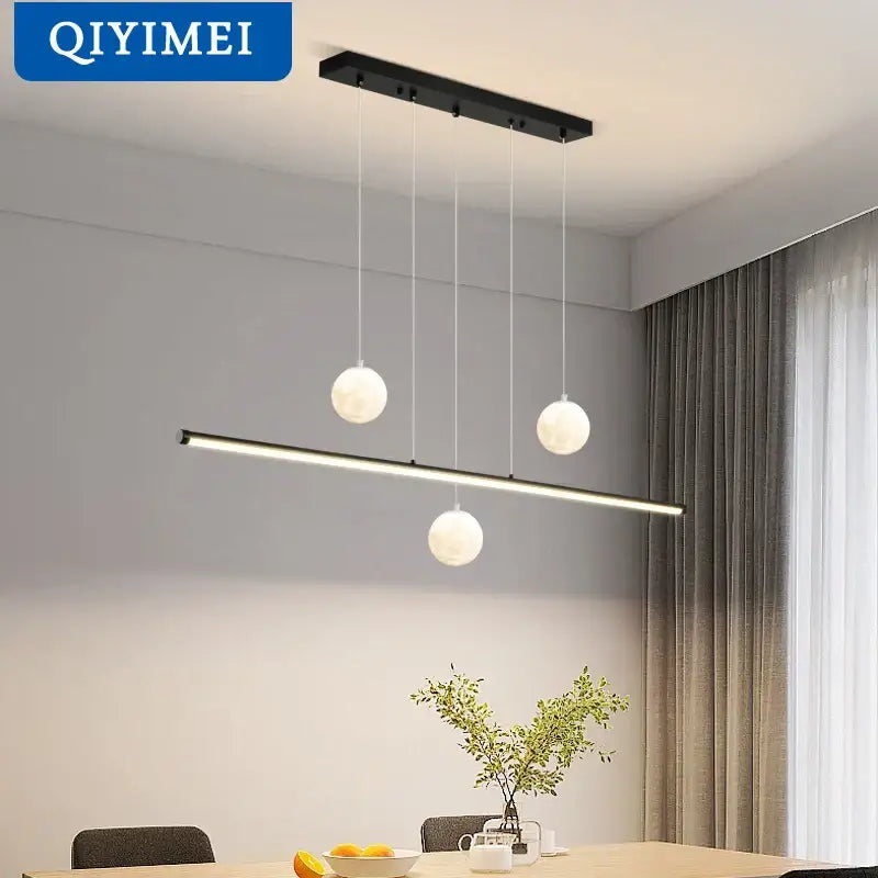 Modern black rectangular decorbites led pendant lights with three white spherical led pendant lights for dining room and kitchen