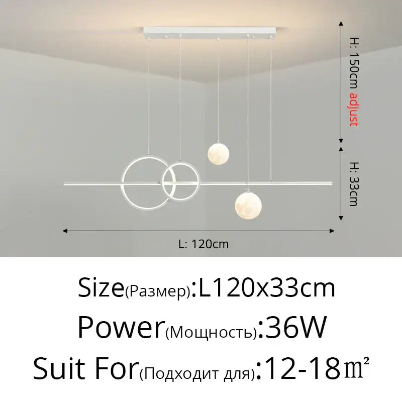 Modern white DecorBites LED pendant lights with intersecting circular rings and spherical globe shades for dining room