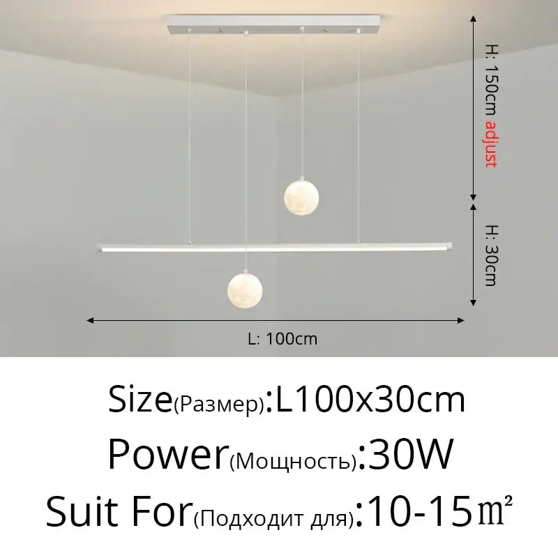 Modern minimalist decorbites led pendant lights with white rectangular mount, two spherical globes, and linear led bar for dining room