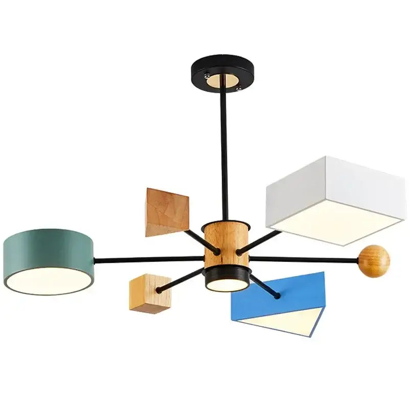 Modern geometric decorbites™ led pendant lights with black metal arms wooden hub and colorful lamp shades for living room
