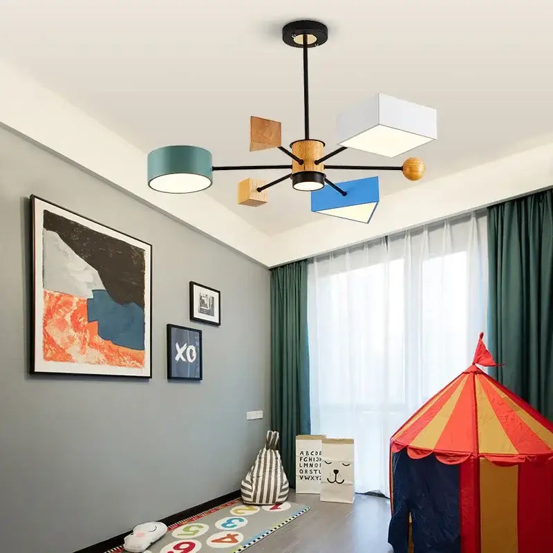 Modern geometric decorbites™ led pendant lights with black metal arms wooden accents and colorful rectangular shades