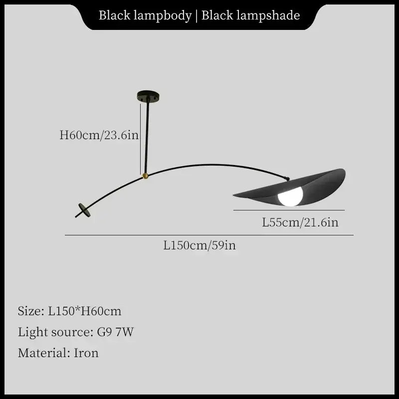 Black iron decorbites led pendant light with sleek curved arm and modern leaf-shaped lampshade for home decor