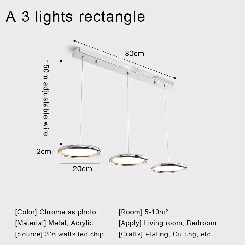 Modern chrome finished rectangular led pendant light with three circular adjustable led pendant lights for kitchen decor