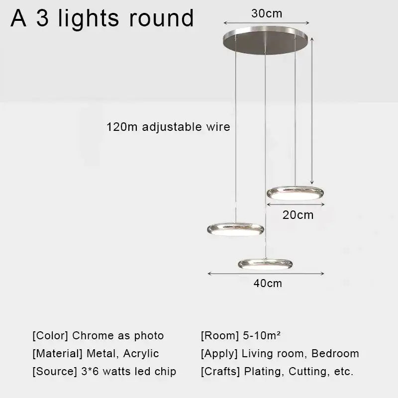 DecorBites™ chrome finished led pendant lights with three circular rings for kitchen dining room decor