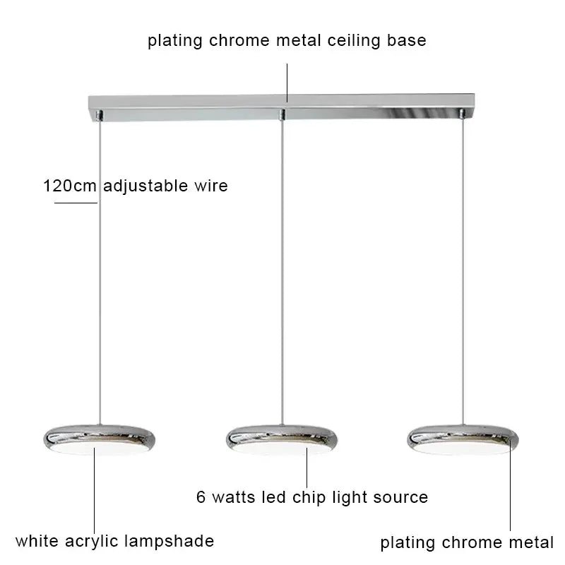 DecorBites™ led pendant lights chrome metal with three white acrylic shades and 120cm adjustable wire for kitchen dining