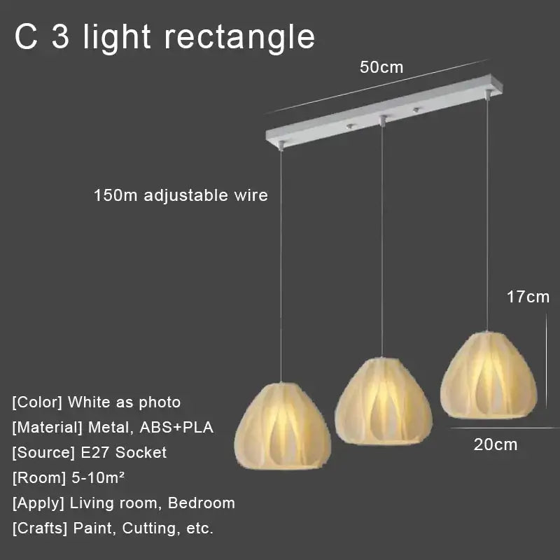 White c3 led pendant lights with three pleated abs pla shades suspended from 50cm metal bar for kitchen decor