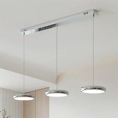 Decorbites™ led pendant lights with chrome finish and circular shades on a minimalist rectangular ceiling mount for kitchen