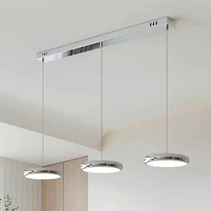 Decorbites™ led pendant lights with chrome finish and circular shades on a minimalist rectangular ceiling mount for kitchen