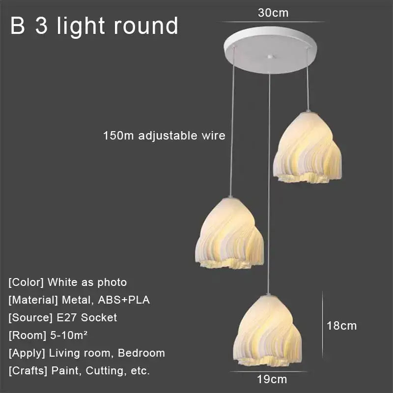 White three-light round pendant lights with shell-like abs and pla shades led pendant lights for kitchen decor