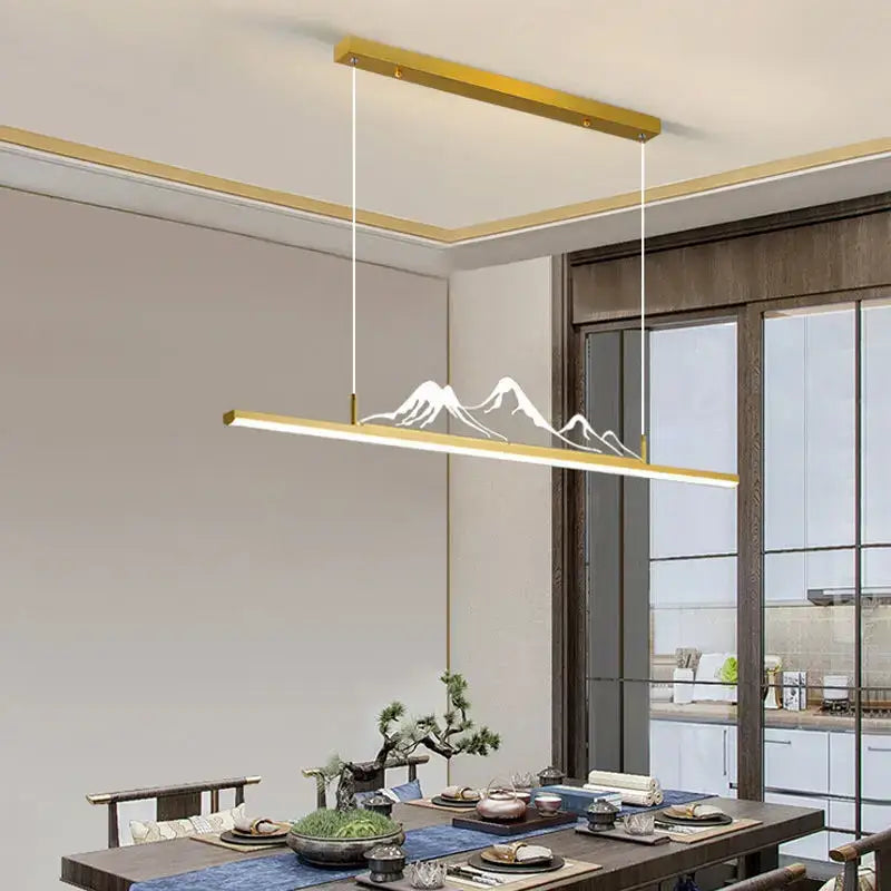 Gold-toned rectangular decorbites led pendant lights with minimalist mountain silhouette for modern home decor
