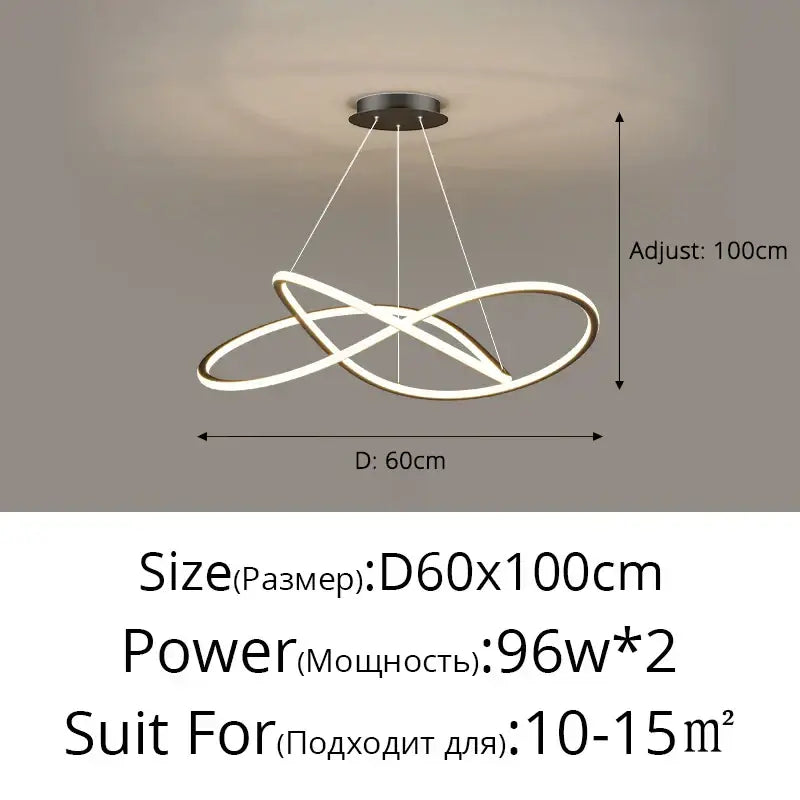 Modern minimalist decorbites led pendant lights with two interlocking white illuminated rings and dark metal mount for indoor use