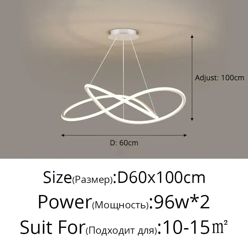Modern white DecorBites LED pendant lights with intertwined circular rings and adjustable height for indoor lighting