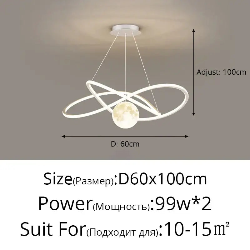 White decorbites led pendant light with moon-shaped globe and intertwined ring design for indoor lighting
